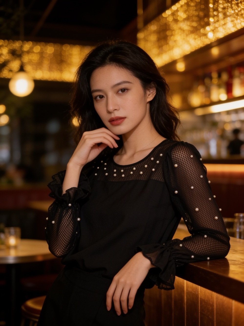 A love Story Miadom Black Pearl-Embellished Sheer Sleeve Blouse